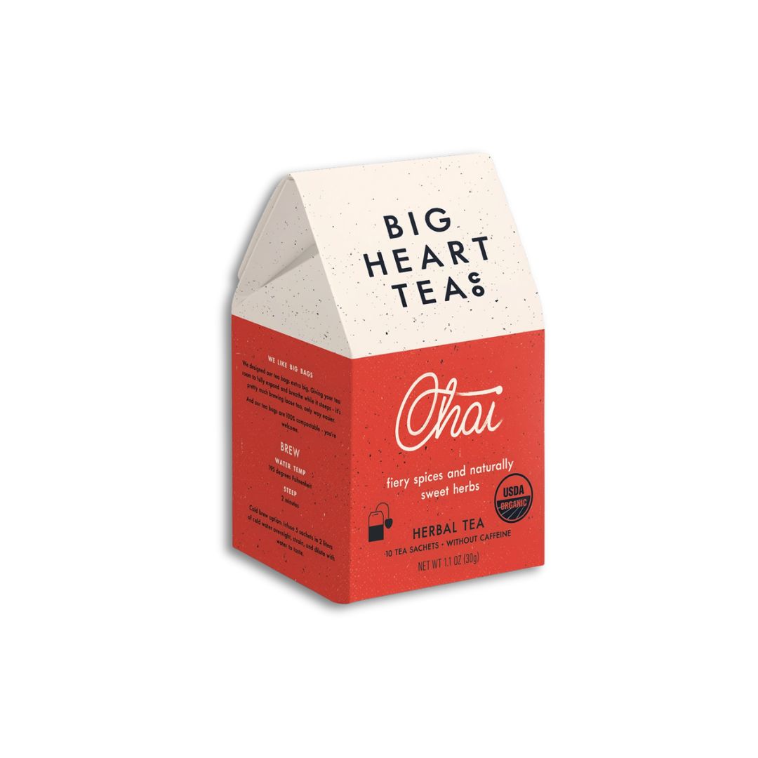 Big Heart Tea Co. Chai – A warming, naturally sweet organic herbal tea with tulsi, cinnamon, ginger & spices. 10 compostable tea bags in recyclable packaging.