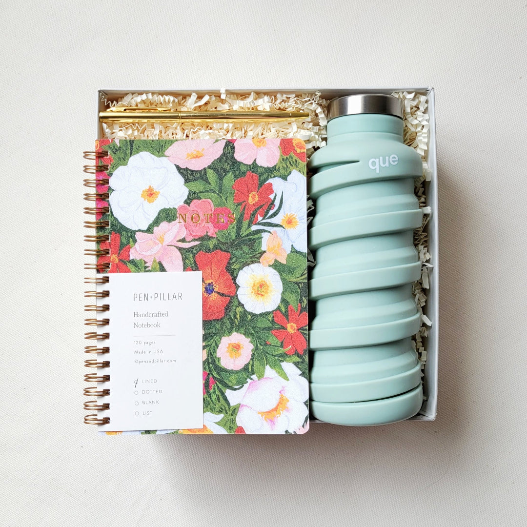 gift with lined journal, gold pen and collapsible water bottle